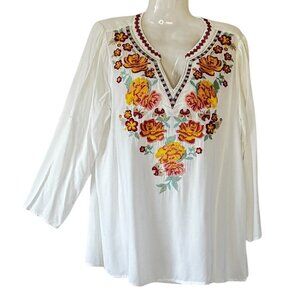 ANDREE BY UNIT Embroidered Peasant Top BOHO White with Heavy Embroidery  Small